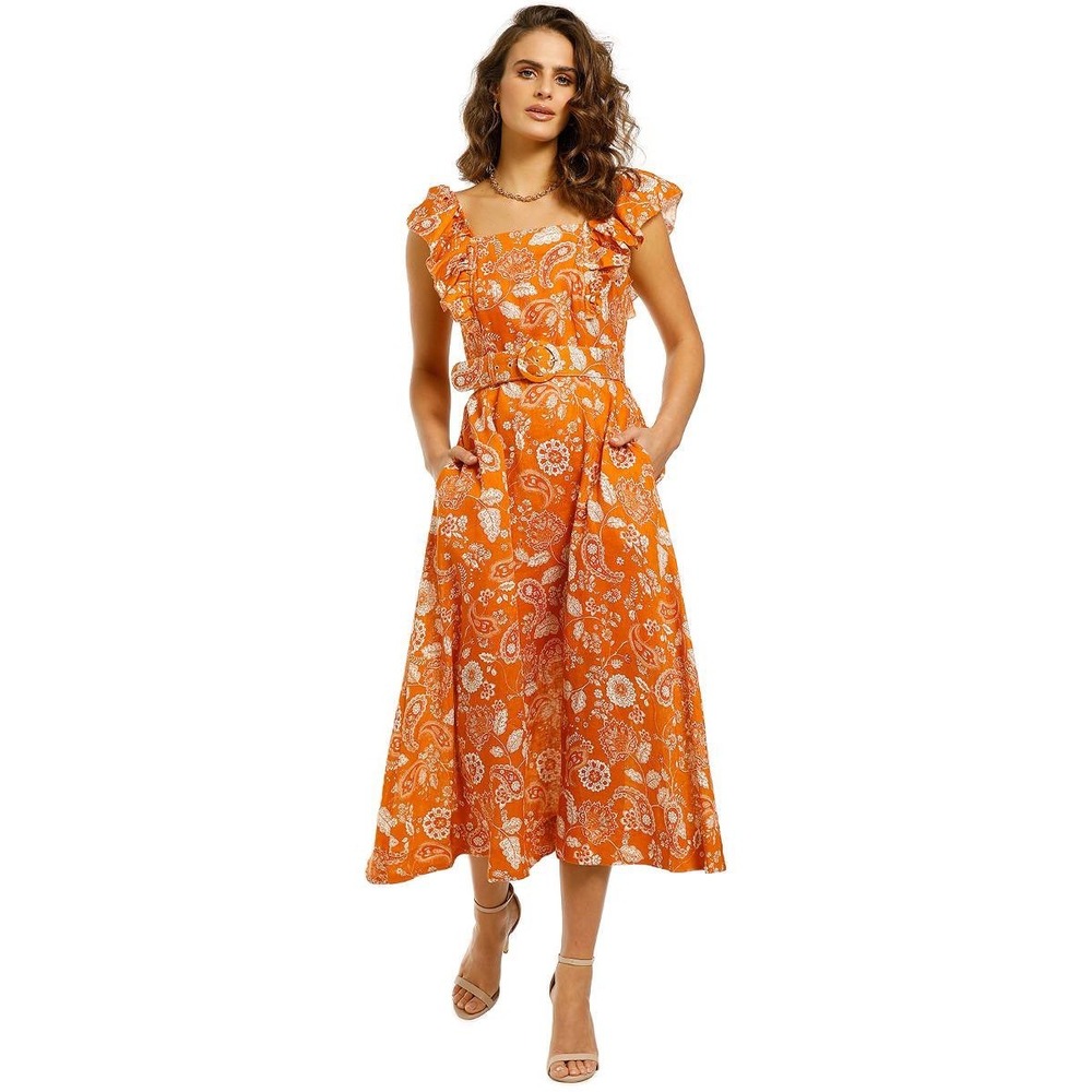 Nicholas Paisley Linen Ruffle Sleeve‎ Maxi Dress Womens 4 Resort Feminine Boho